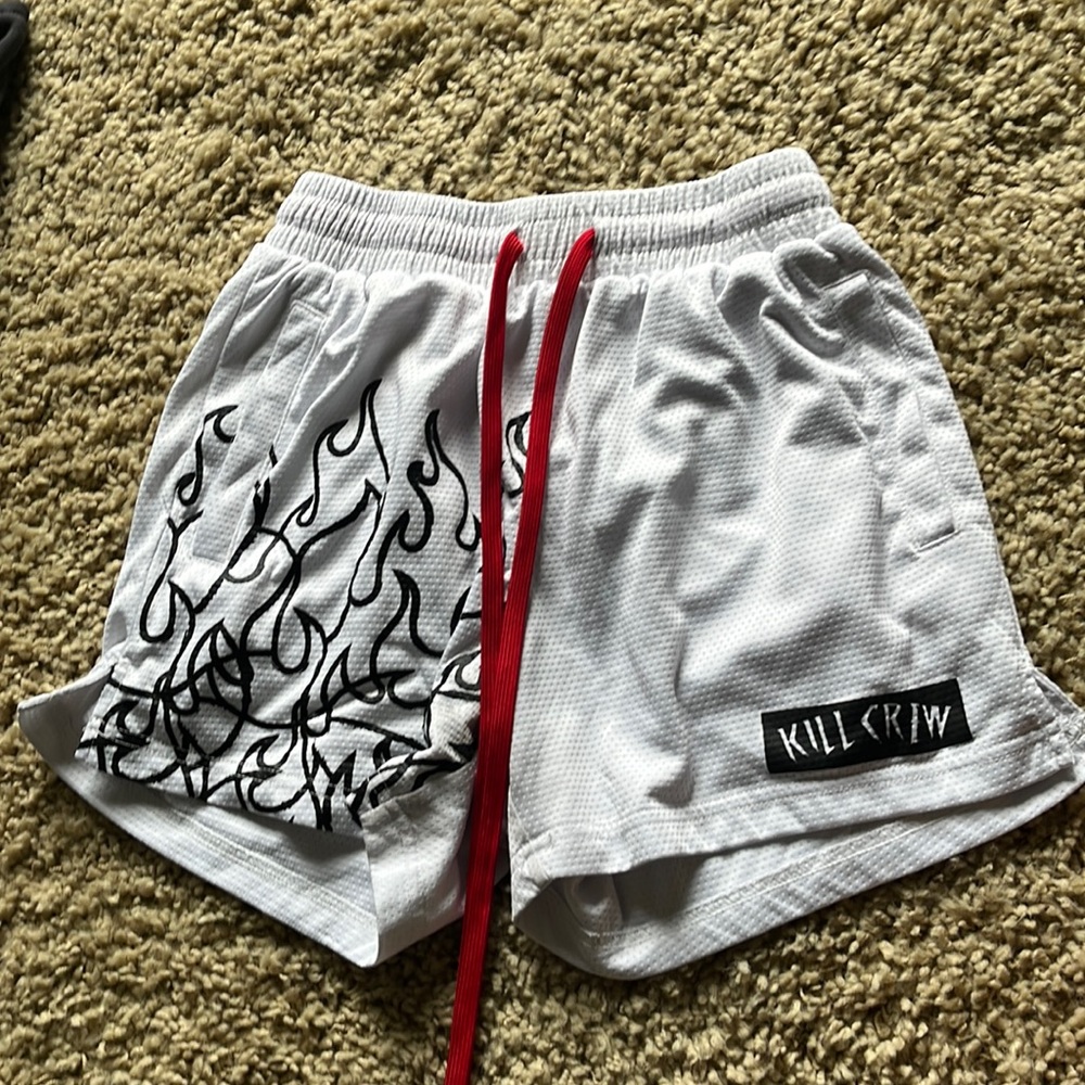 Kill Crew MUAY THAI FLAME SHORTS (MID THIGH CUT) White/Black